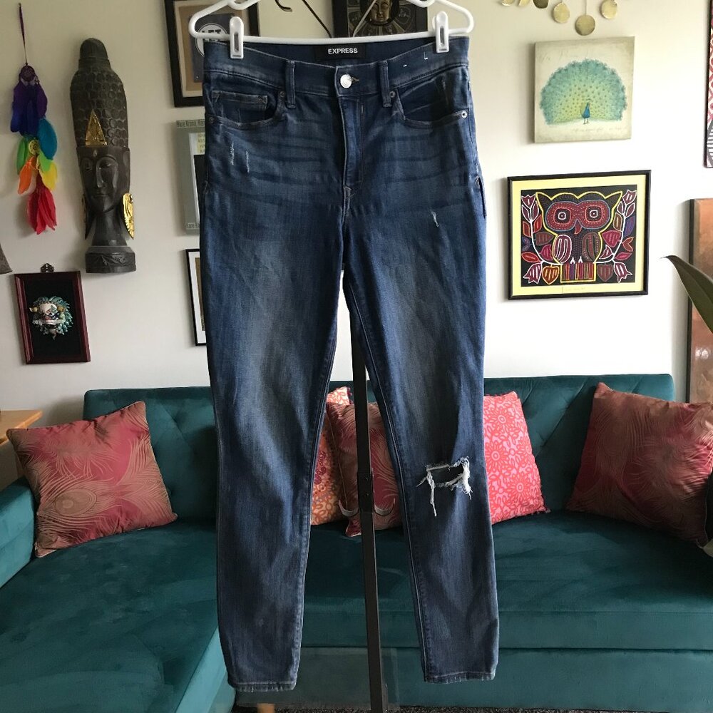 EXPRESS size 6 long Stretch Distressed Denim Ankle Legging High Rise Jeans